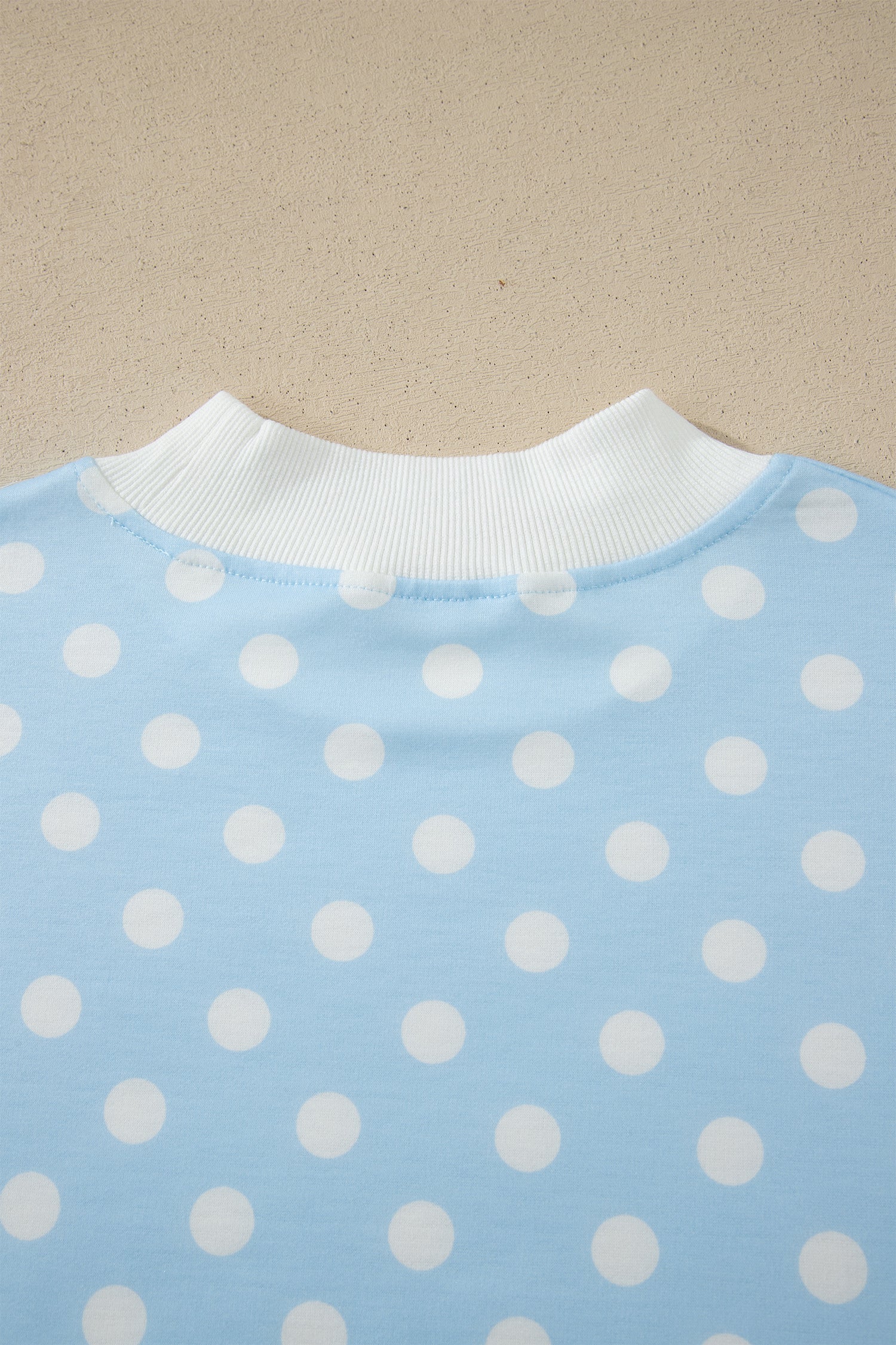 Sky Blue Polka Dot Print Color Block Trim Mock Neck Short Set