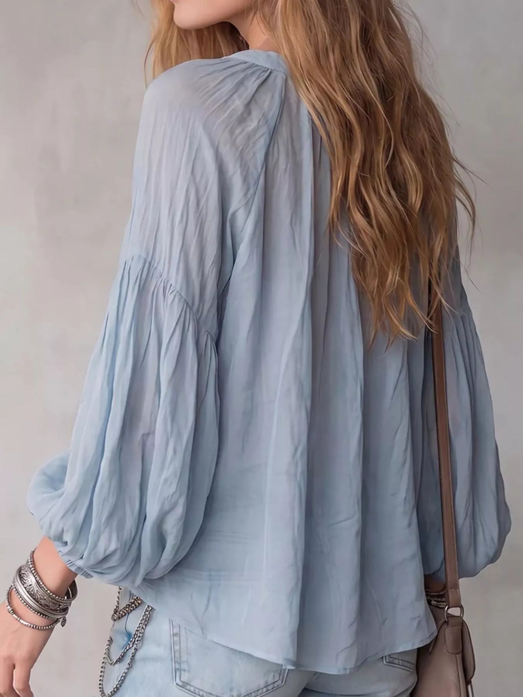 Notched Balloon Sleeve Blouse