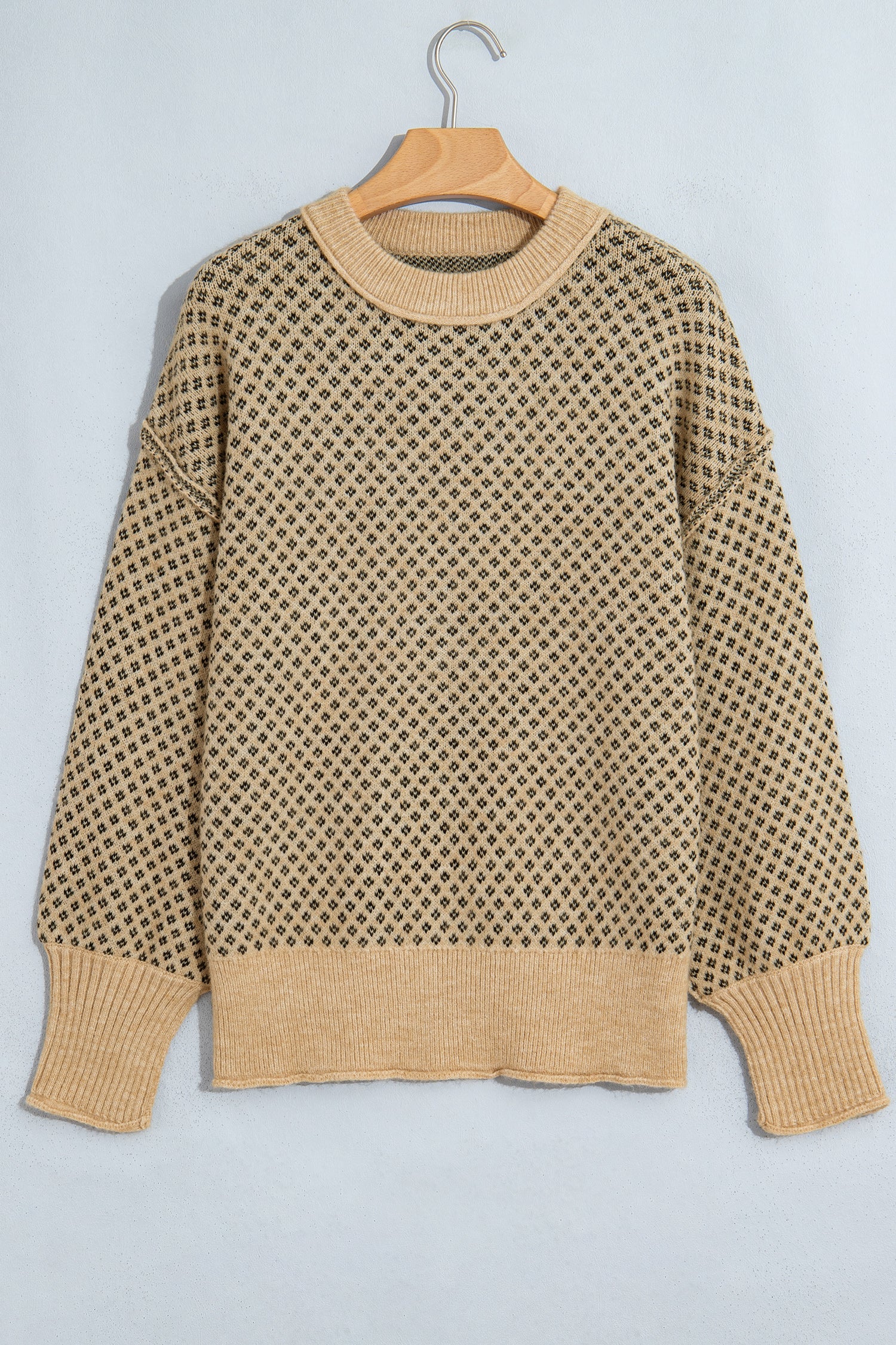 Khaki Geometric Print Drop Shoulder Round Neck Long Sleeve Sweater