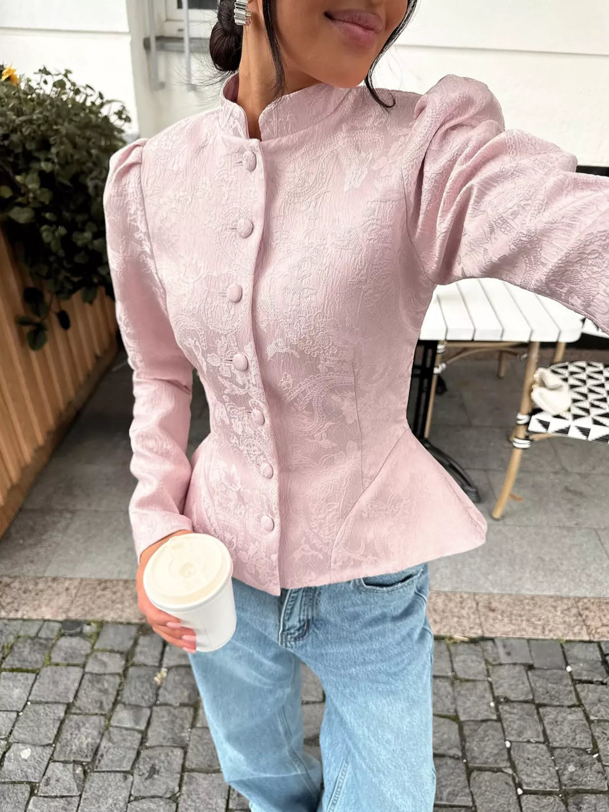 Jacquard Peplum Puff Sleeve Outerwear