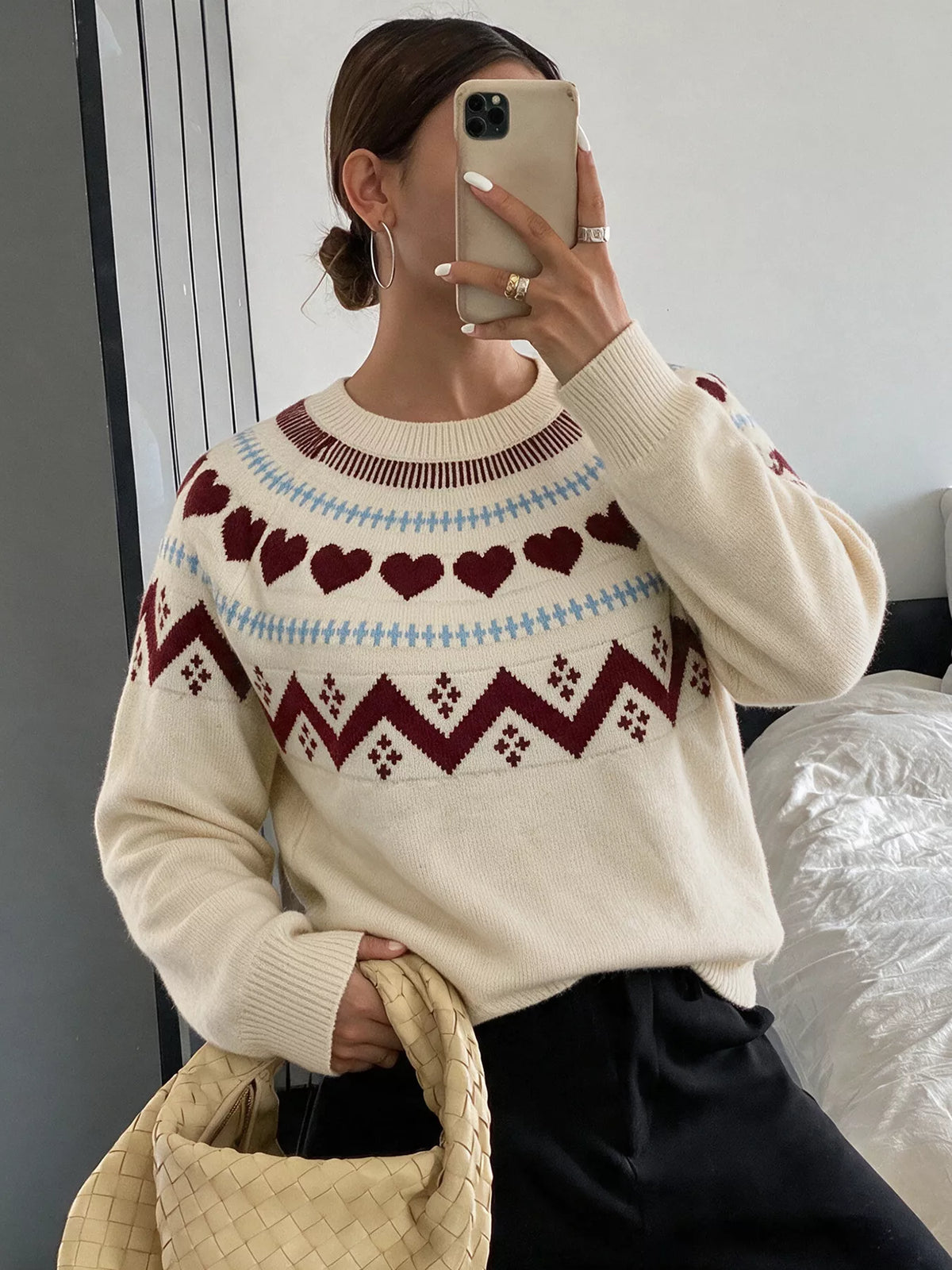 Heart-Patterned Crew Neck Sweater