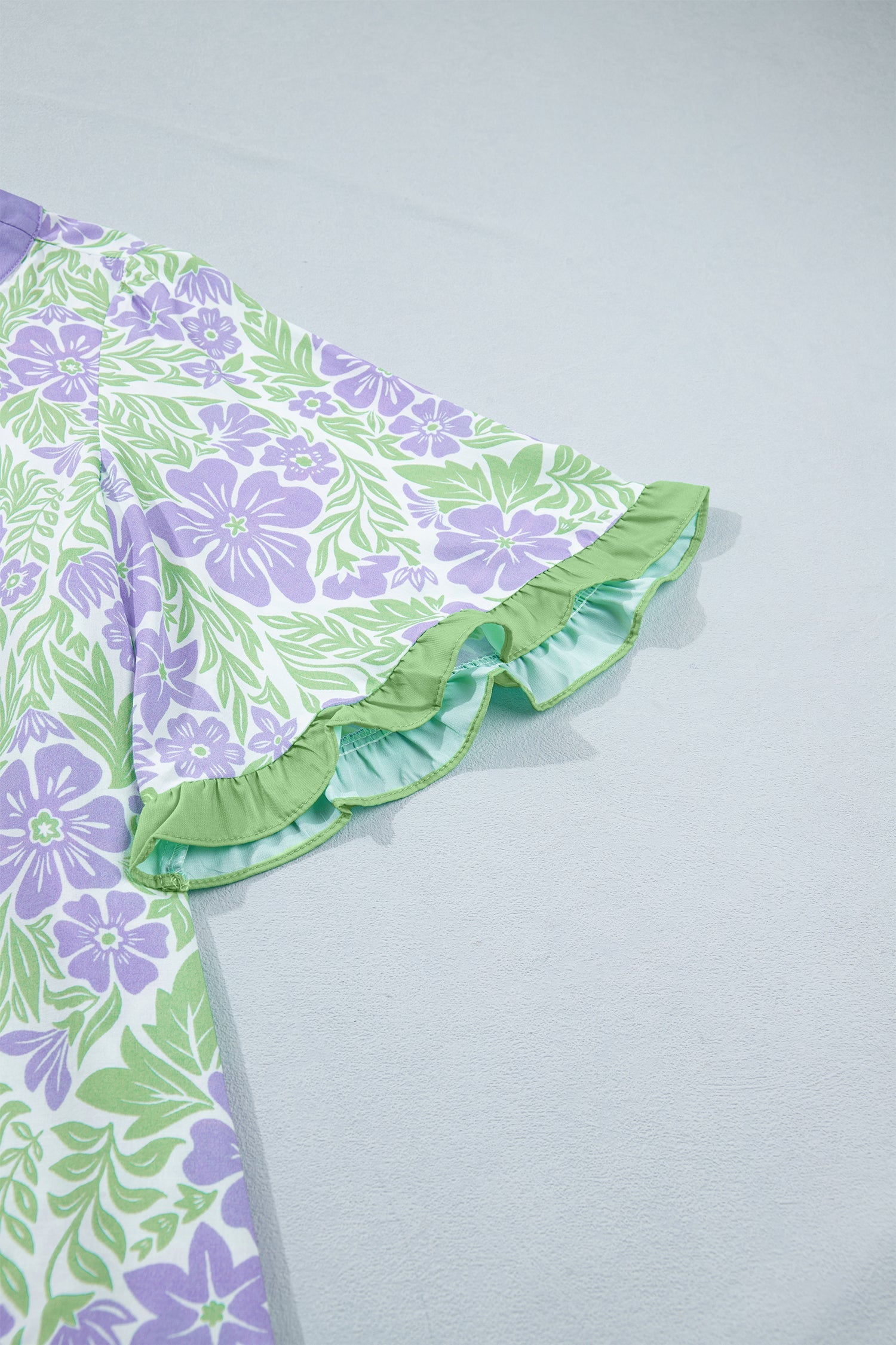 Purple Floral Print Ruffled Color Block Trim Half Sleeve Blouse
