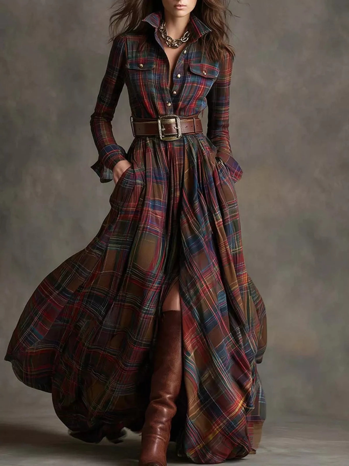 Full Size Plaid Long Sleeve Shirt Maxi Dress Plus Size