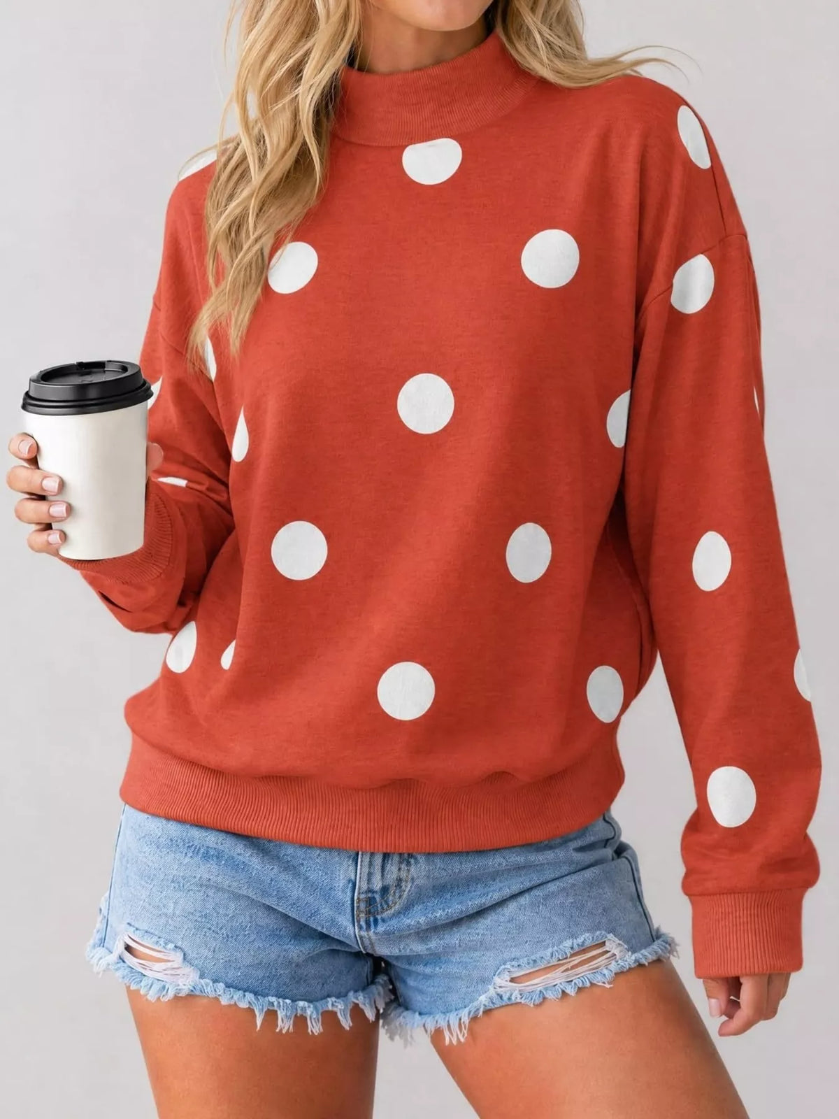 Mock Neck Polka Dot Print Oversized Sweatshirt