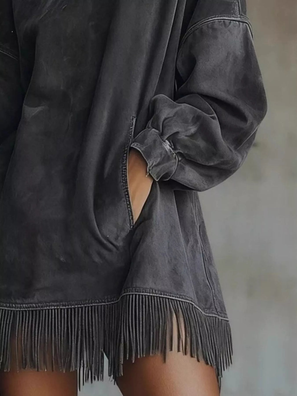 Suede Mock Neck Fringed Mini Dress