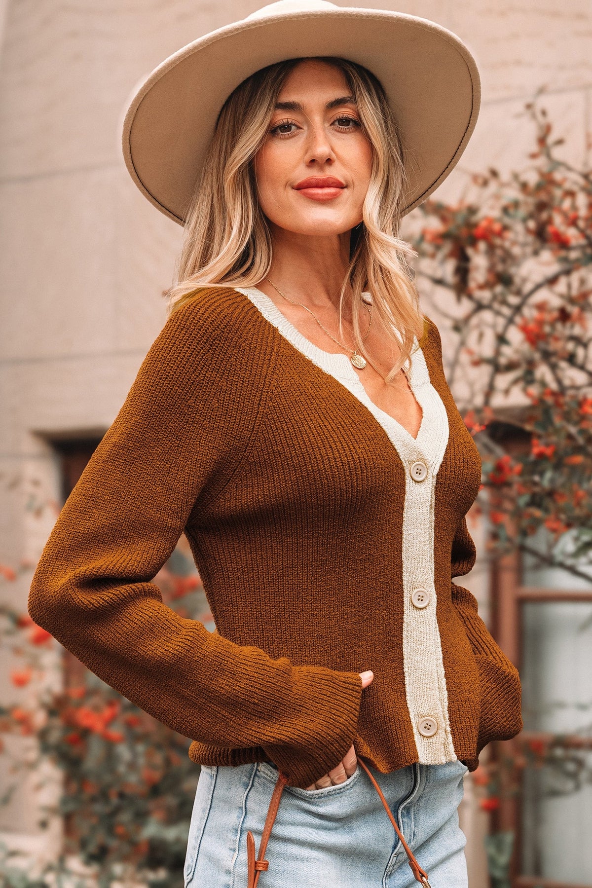 Contrast Trim Buttoned V-Neck Cropped Cardigan