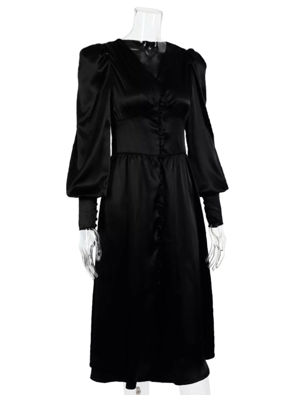 Elegant V-Neck Puff Sleeve Button-Down Midi Dress