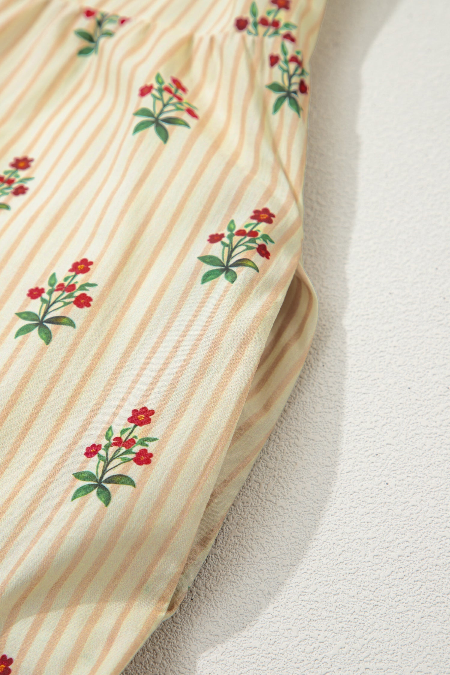 Apricot Striped Floral Print Contrast Detail Ruffle Hem Short Dress
