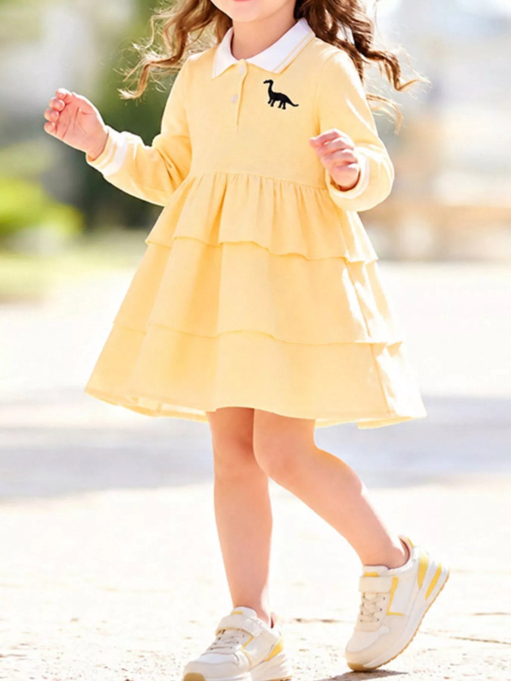 Children's Tiered Dress with Dinosaur Embroidery