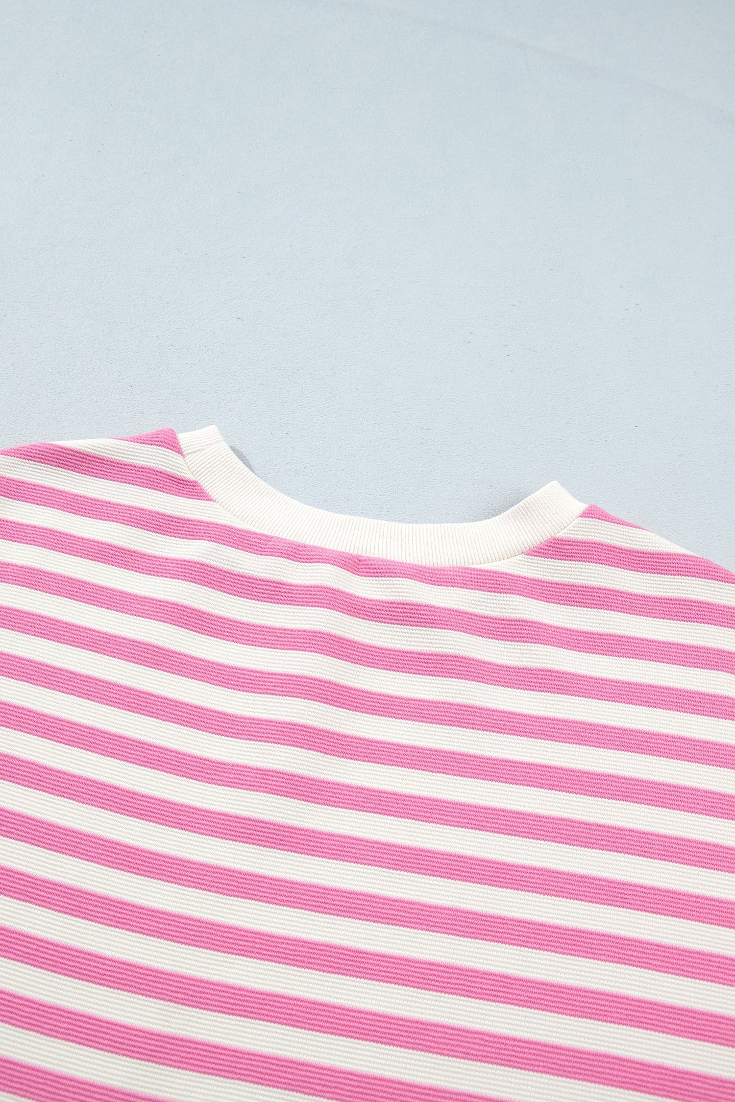 Pink Striped Long Sleeve Crew Neck Drawstring Waist Shorts Set
