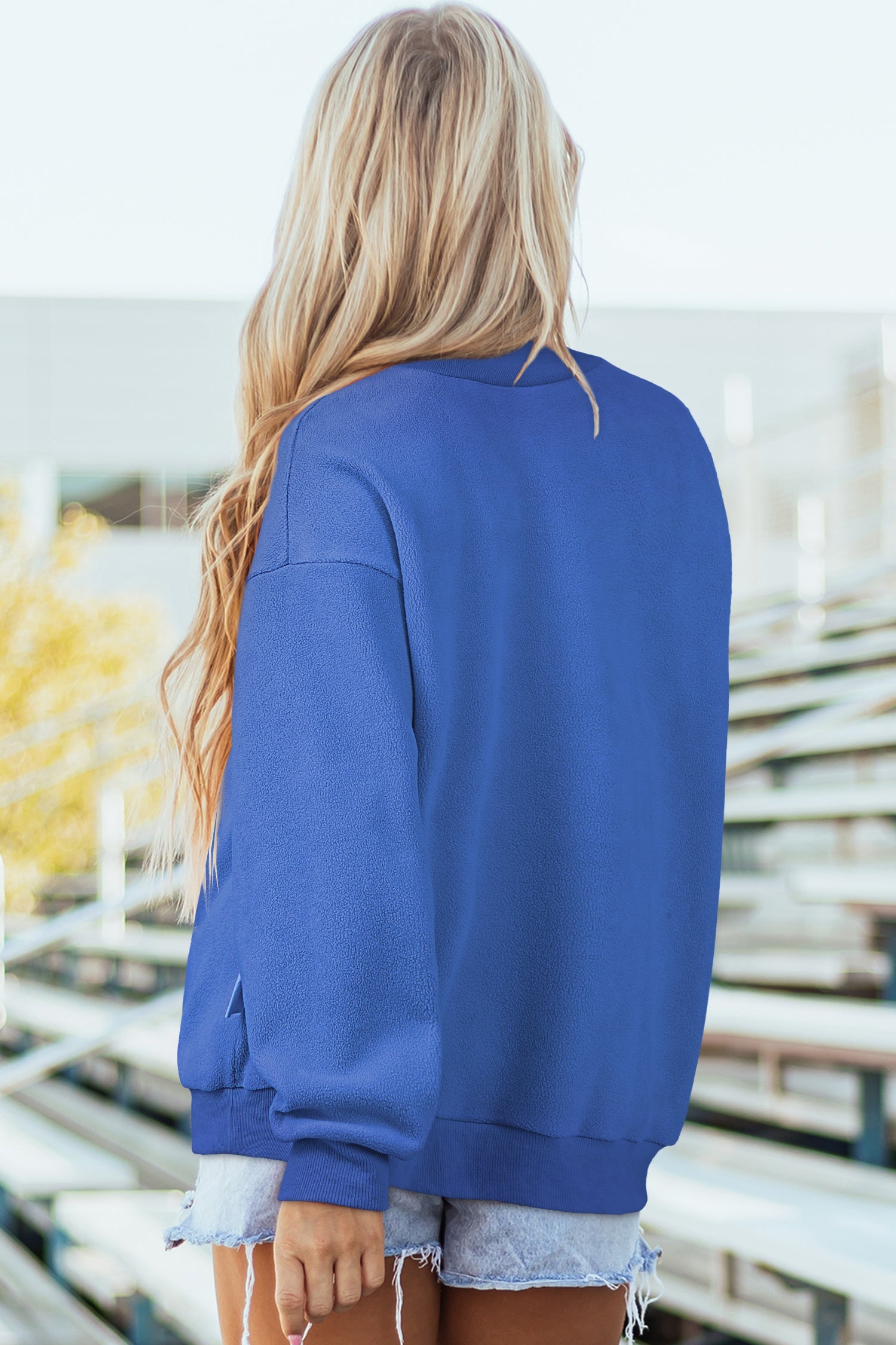 Dark Blue Oversize Drop Shoulder Reversible Mock Neck Sweatshirt