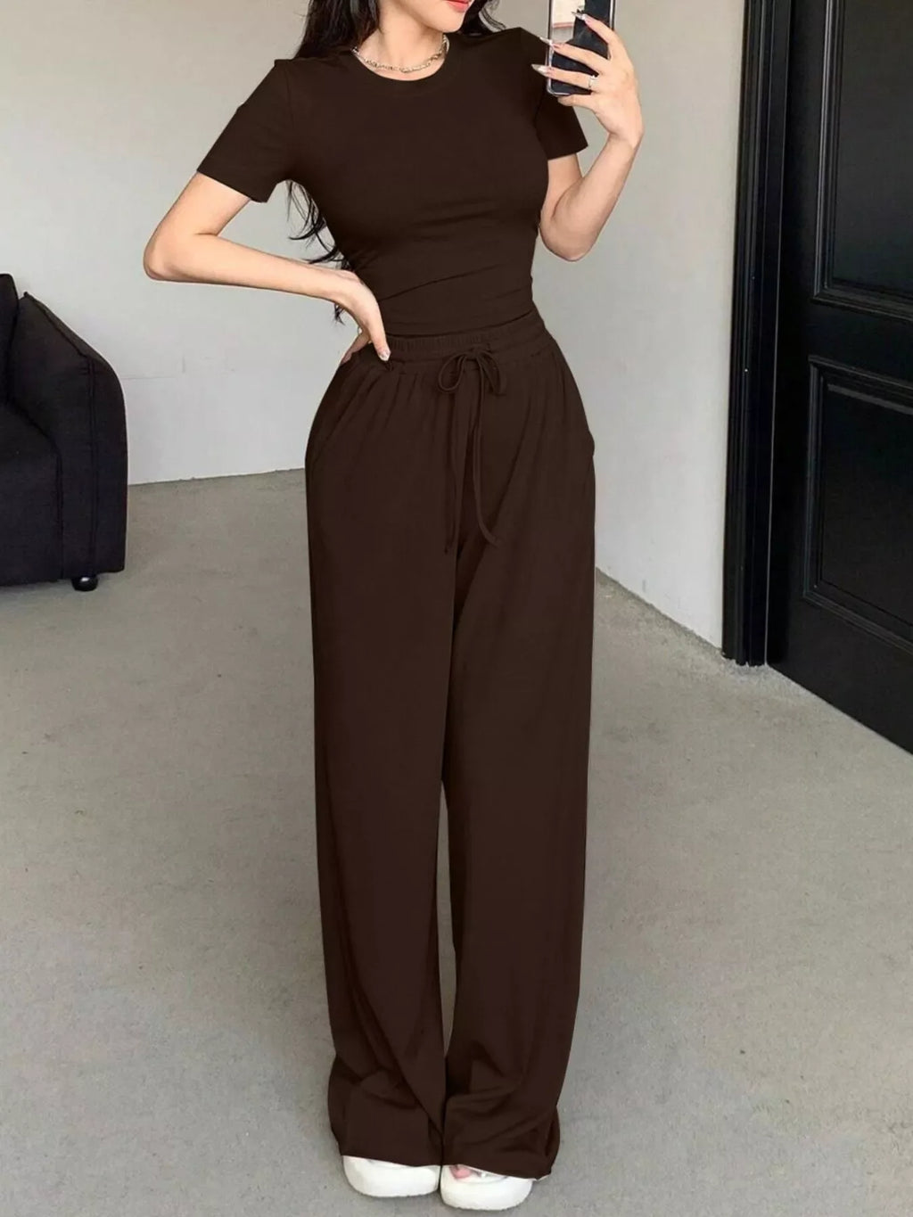 Solid Color Short Sleeve Crop Top and Wide Leg Pants Set