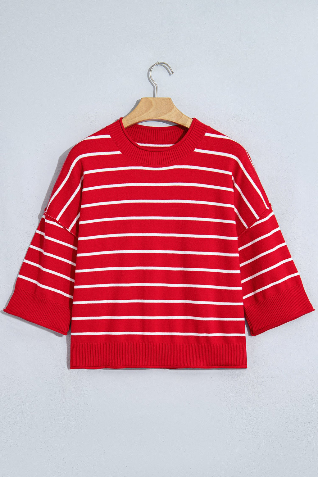 Red Stripe Dropped Shoulder Half Sleeve Relaxed Knit Sweater