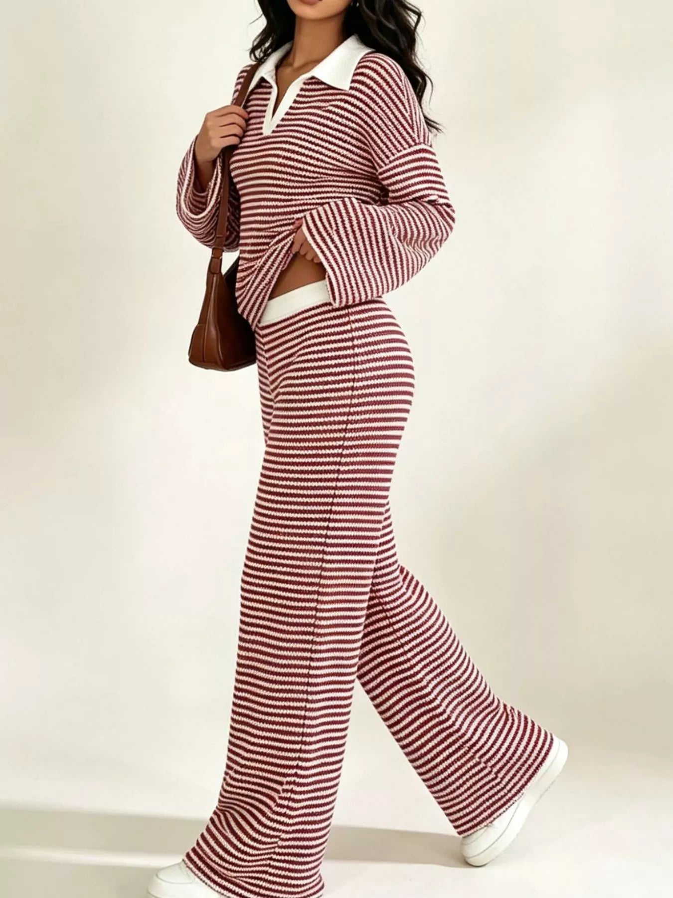 Striped Long Sleeve Polo and Wide-Leg Pants Set