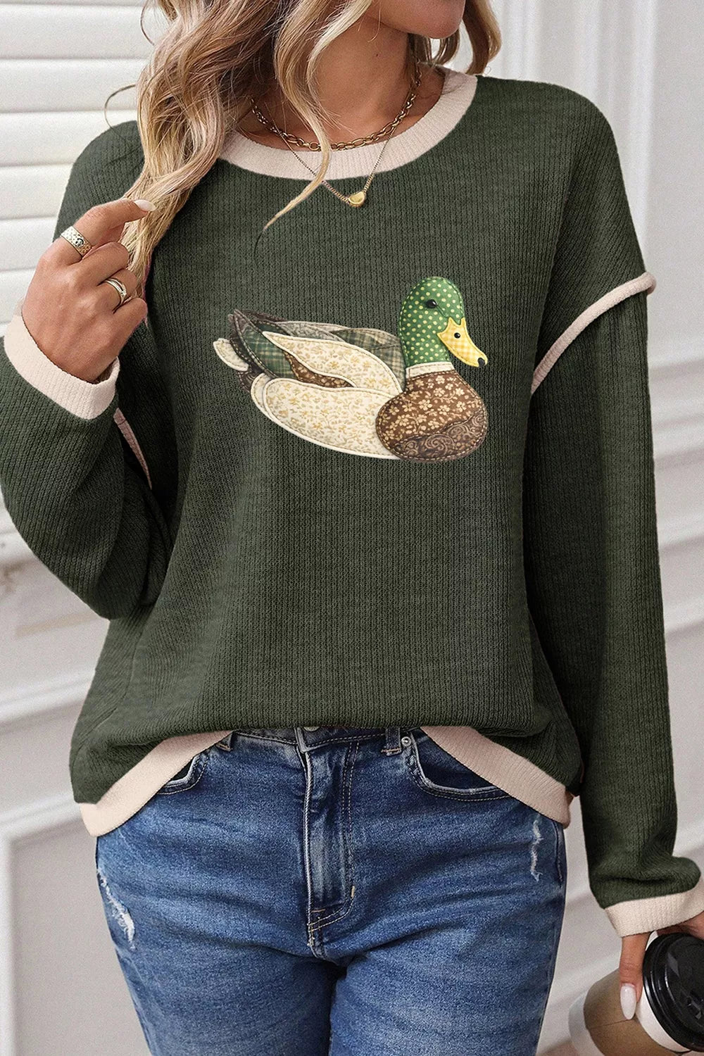 Duck Graphic Contrast Trim Patchwork Casual Knit Top