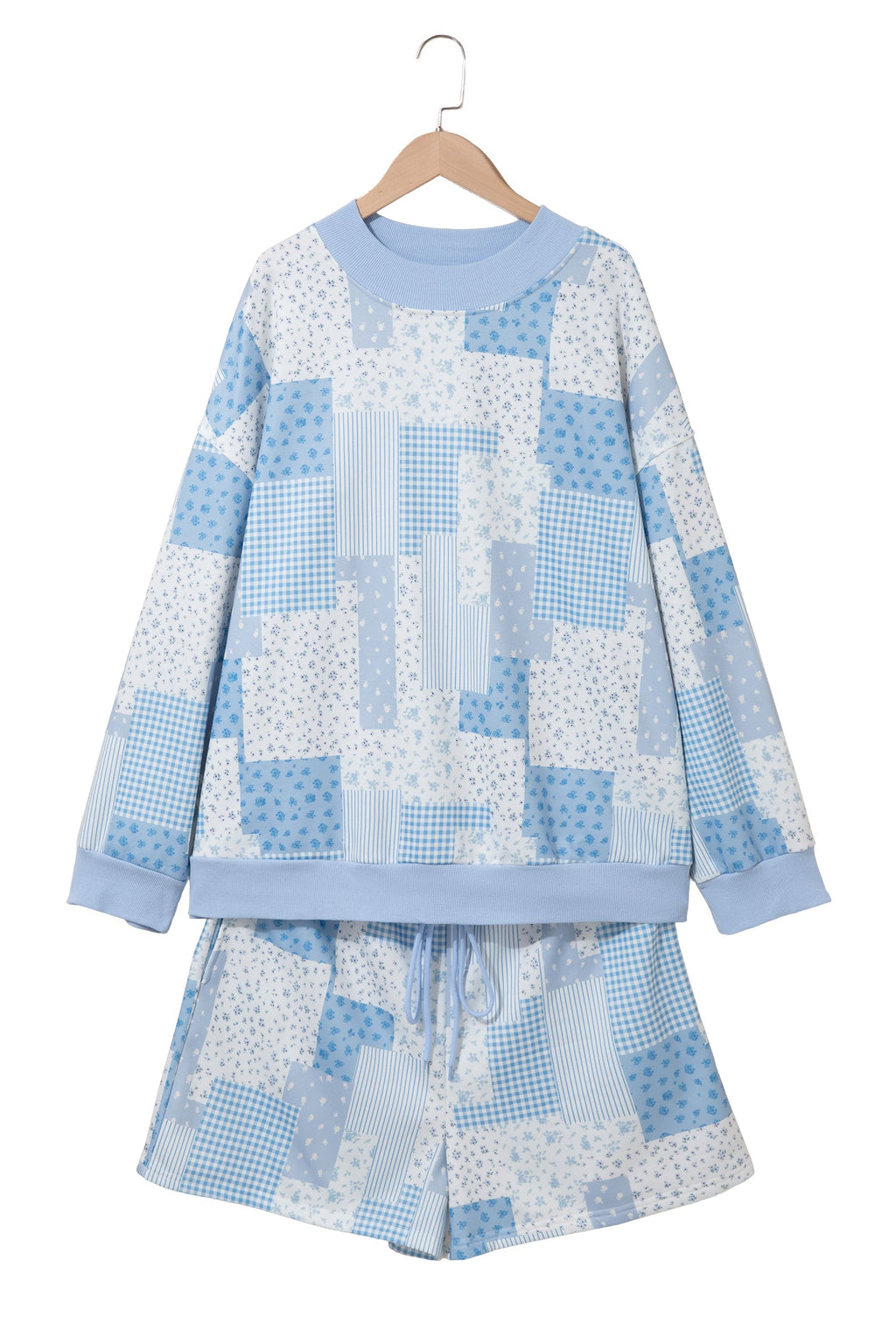 Sky Blue Patchwork Floral Print Stand Neck Long Sleeve Two-piece Outfit Plus Size Set
