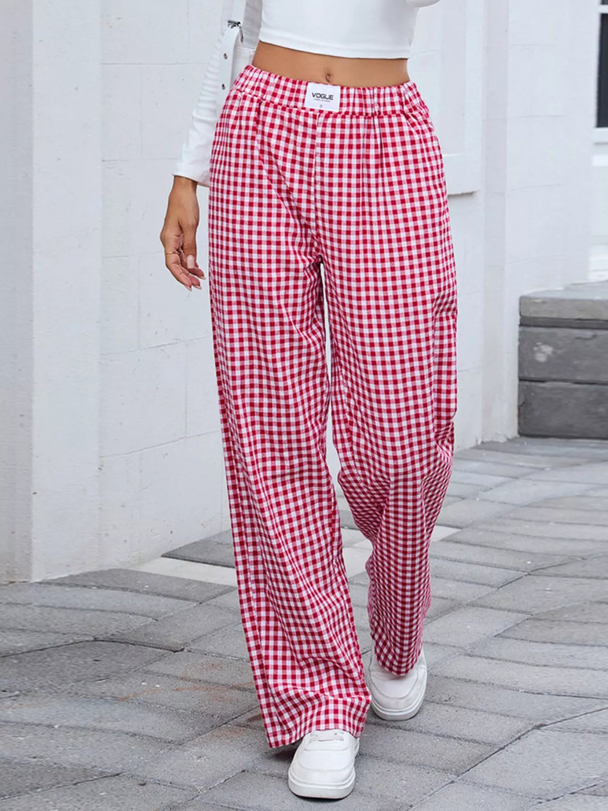 Plaid Wide-Leg Cotton Pants with Side Pockets