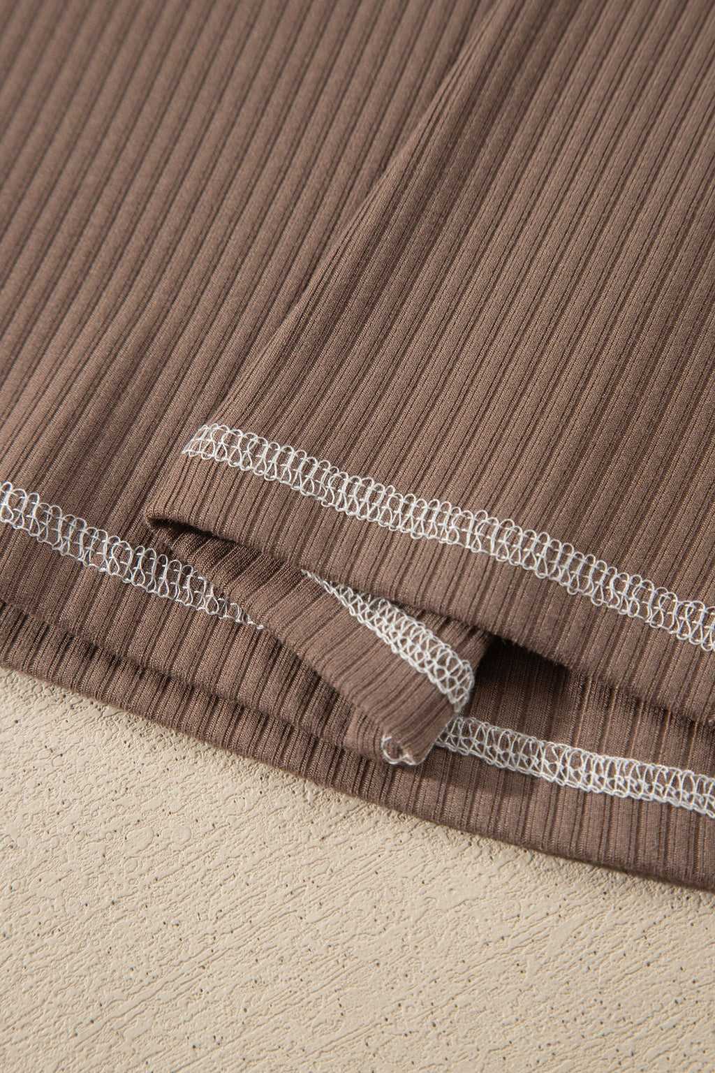 Dark Khaki V Neck Ribbed Stitched Detail Long Sleeve Top