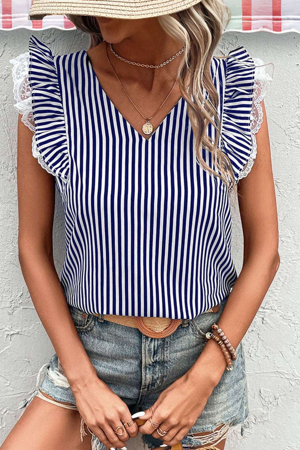 Blue Stripe V Neck Lace Contrast Ruffle Trim Tank Top