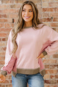 Light Pink Color Block Mix Texture Waffle Patchwork Oversize Sweatshirt