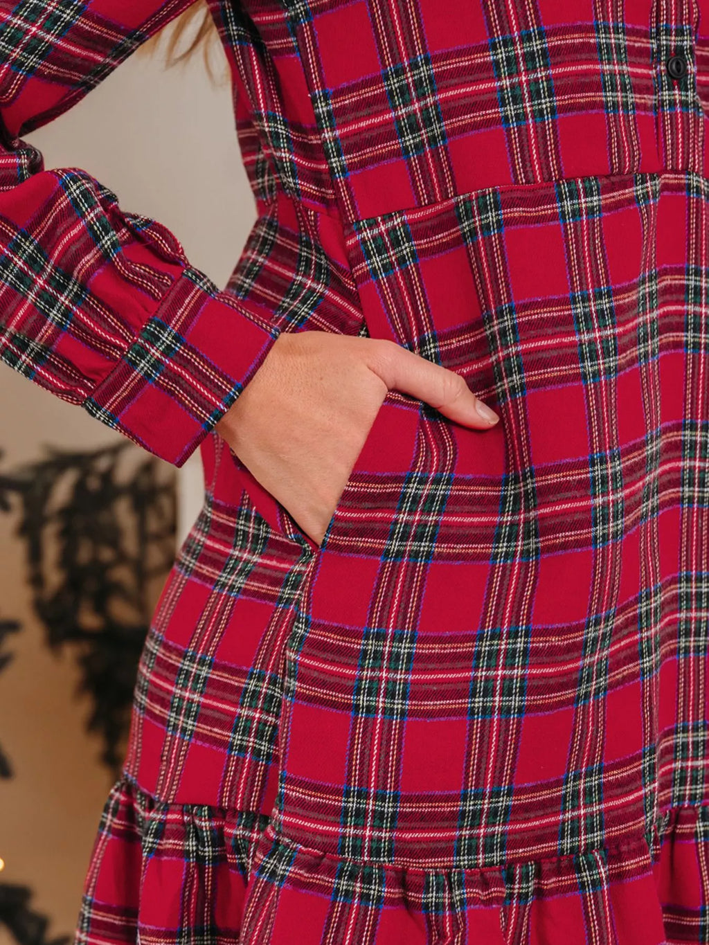Plaid Shirt Collar Half Button Ruffle Hem Long Sleeve Mini Dress