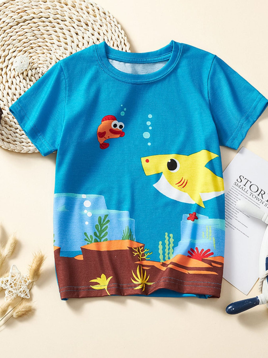 Children's Cartoon Shark Print Short Sleeve T-Shirt
