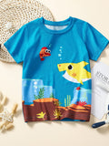 Children's Cartoon Shark Print Short Sleeve T-Shirt