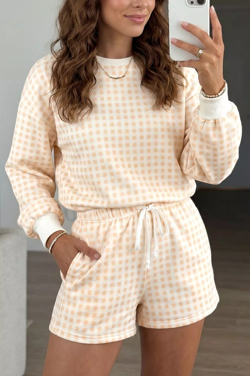Gingham Long Sleeve Sweatshirt and Shorts Set