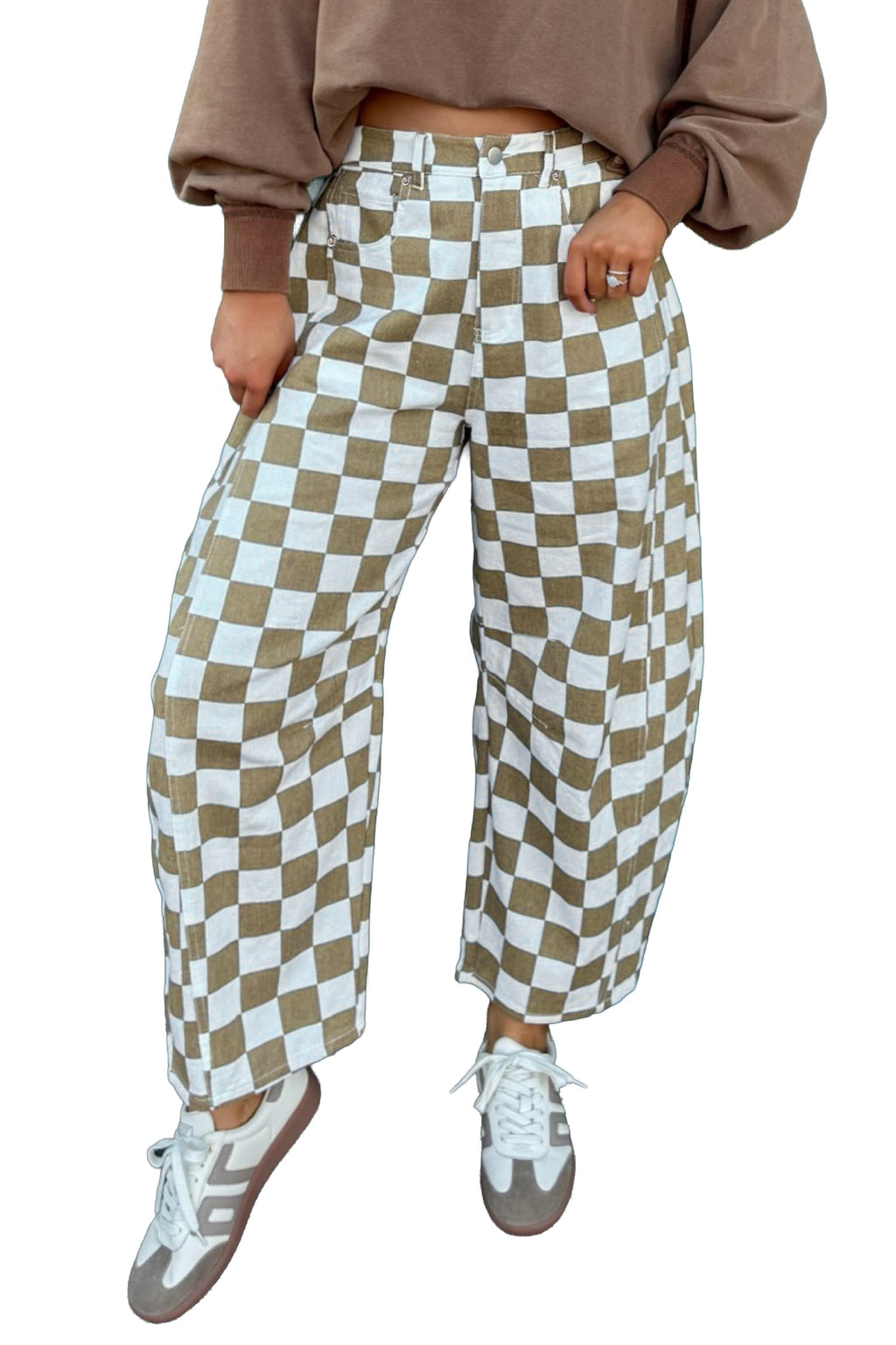 White Checkered Print Denim Barrel Pants