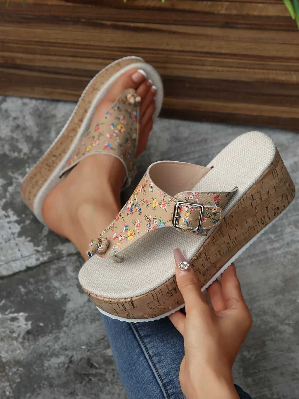 Floral Print Wedge Platform Sandals