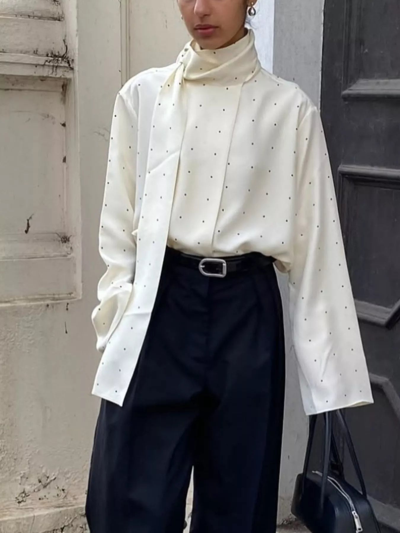 Polka Dot Silk Blouse with Scarf Neck Tie