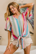 Multi-Stripe Woven V-Neck Top with Front Tie