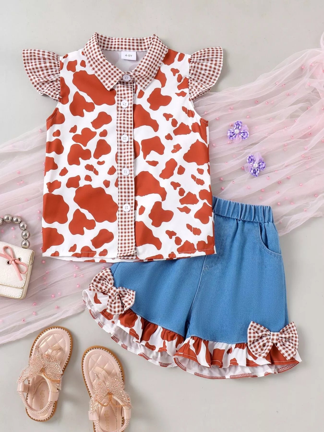 Children's Cow Print Ruffle Sleeve Top and Shorts Set