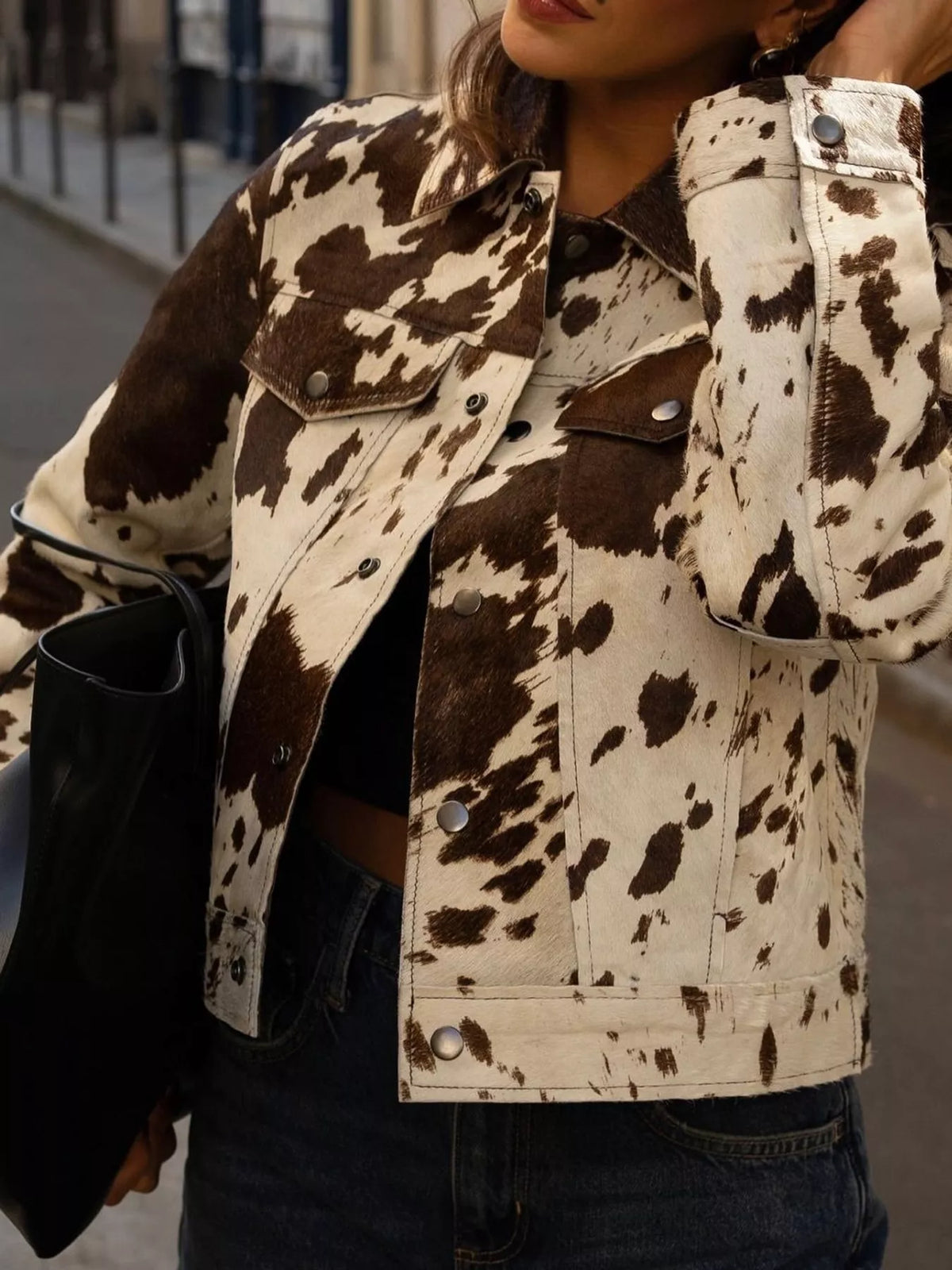 Cow Print Button Up Jacket