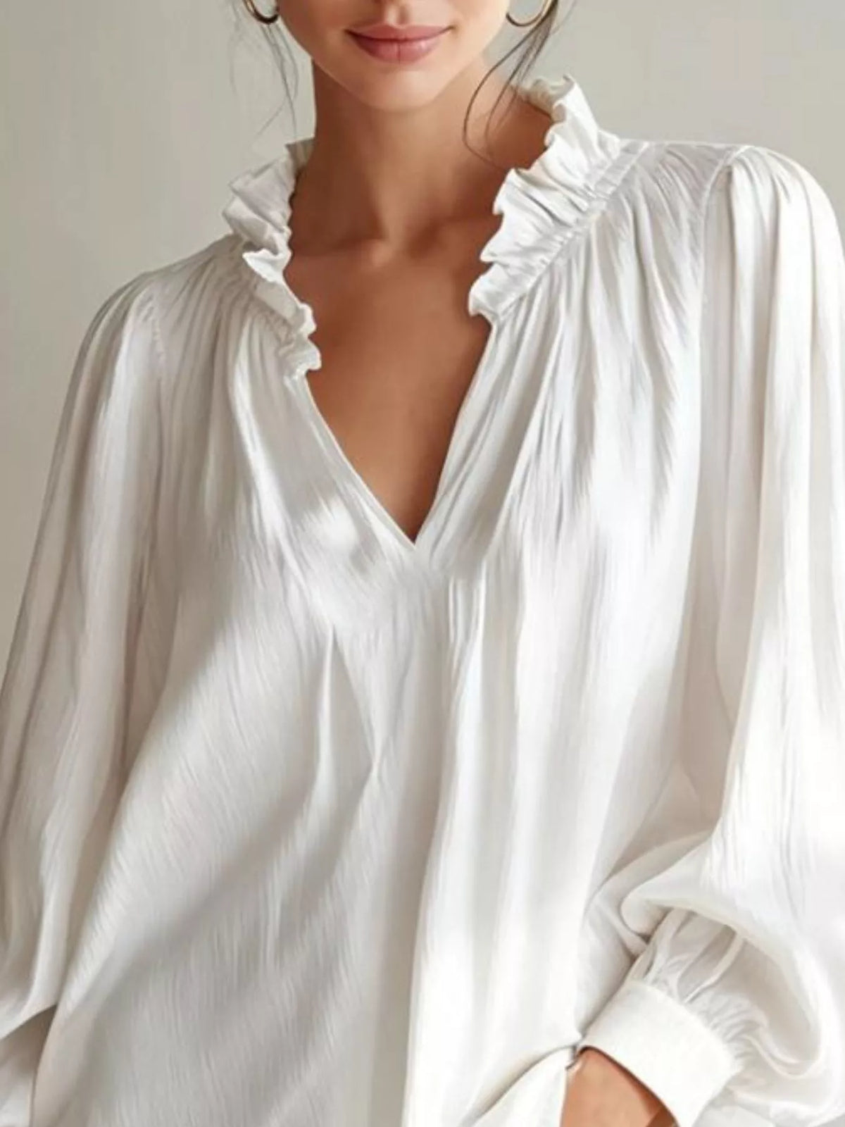 Frill Notched Long Sleeve Blouse