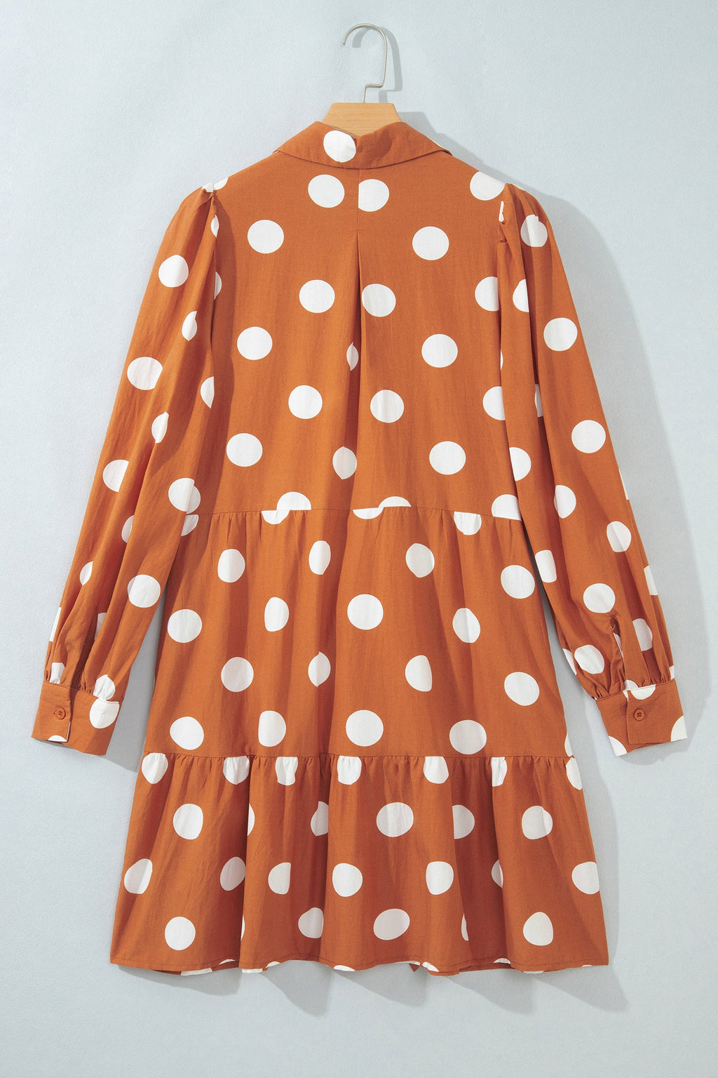 Brown Polka Dot Long Sleeve Tie Waist Casual Shift Mini Dress