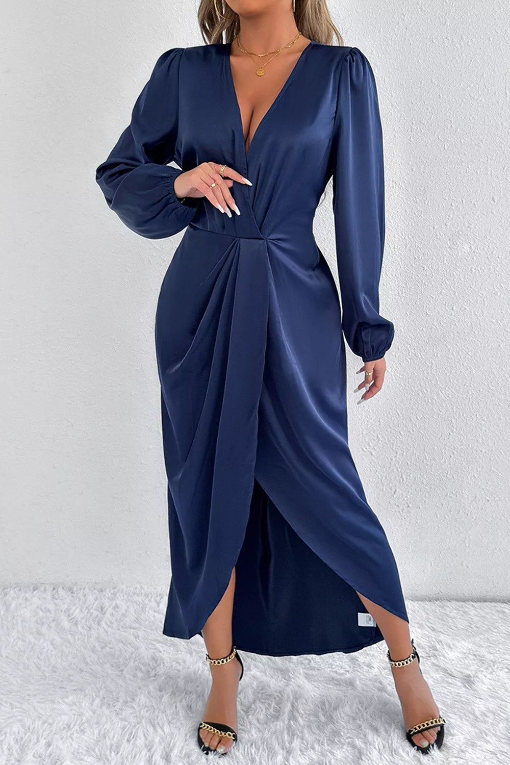 Satin Balloon Sleeve Midi Dress