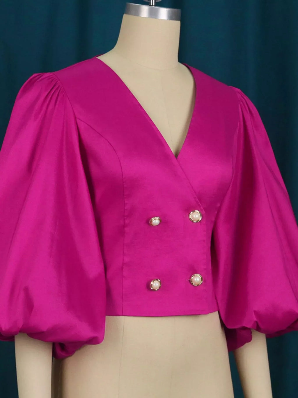 Full Size Double-Breasted Puff Sleeve Blouse Plus Size