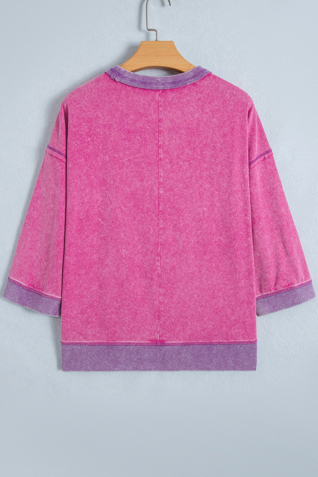 Strawberry Pink Mineral Wash Color Block Trim Bracelet Sleeve Pullover Top