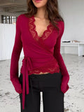 Lace-Trimmed Long Sleeve Wrap T-Shirt