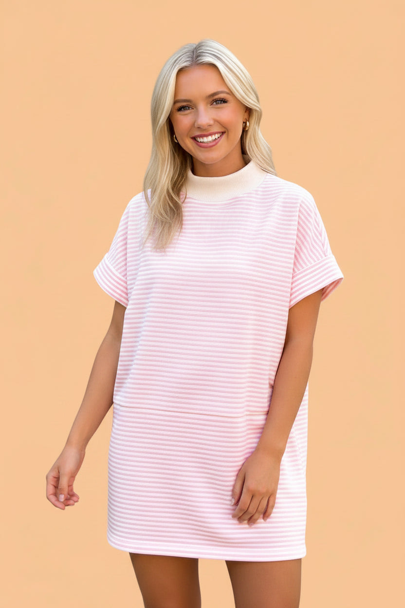 Stripe Mock Neck Cuffed Sleeve Tee Dress