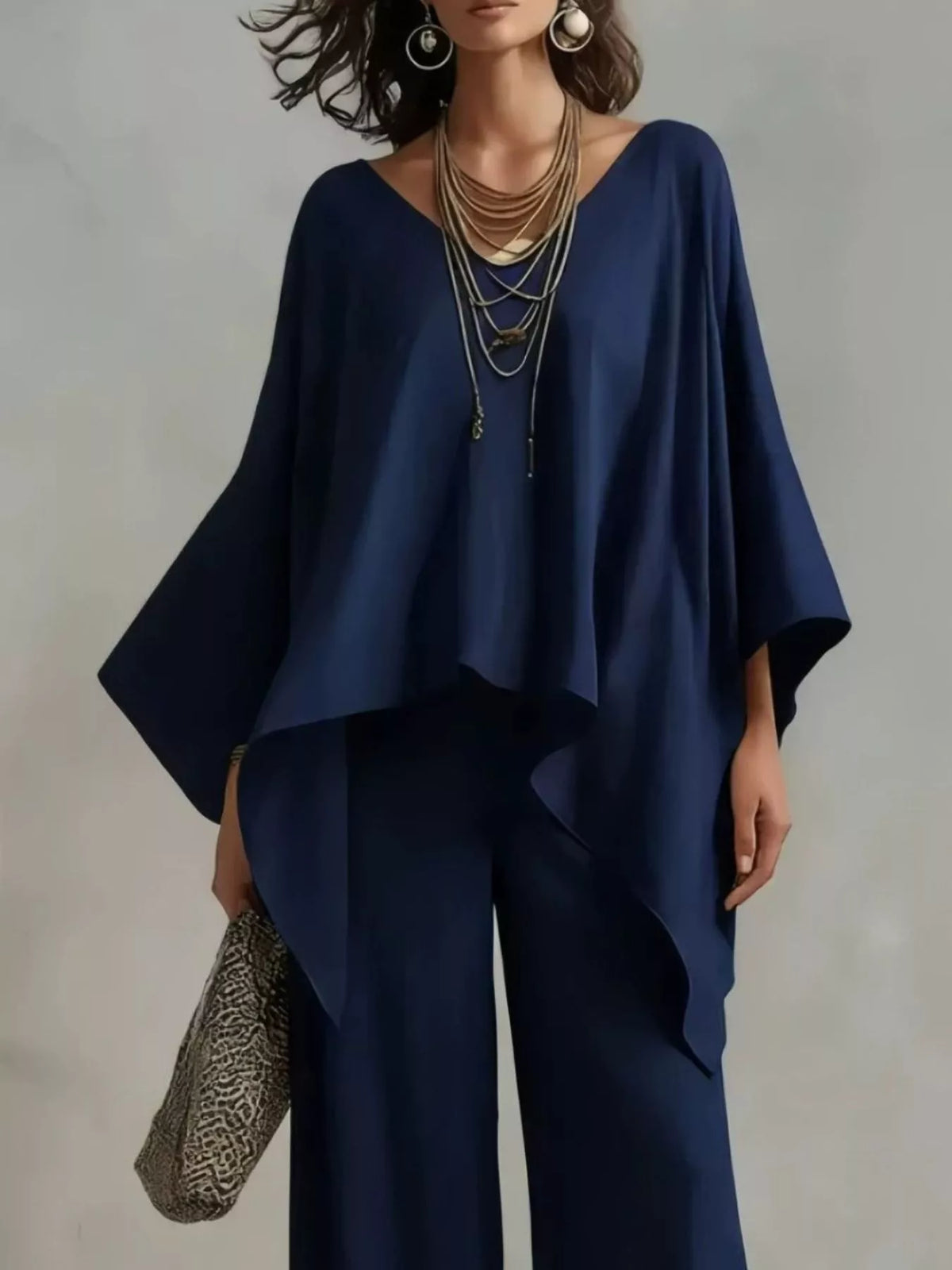 Full Size V-Neck Batwing Sleeve Top and Wide-Leg Pants Two-Piece Set Plus Size
