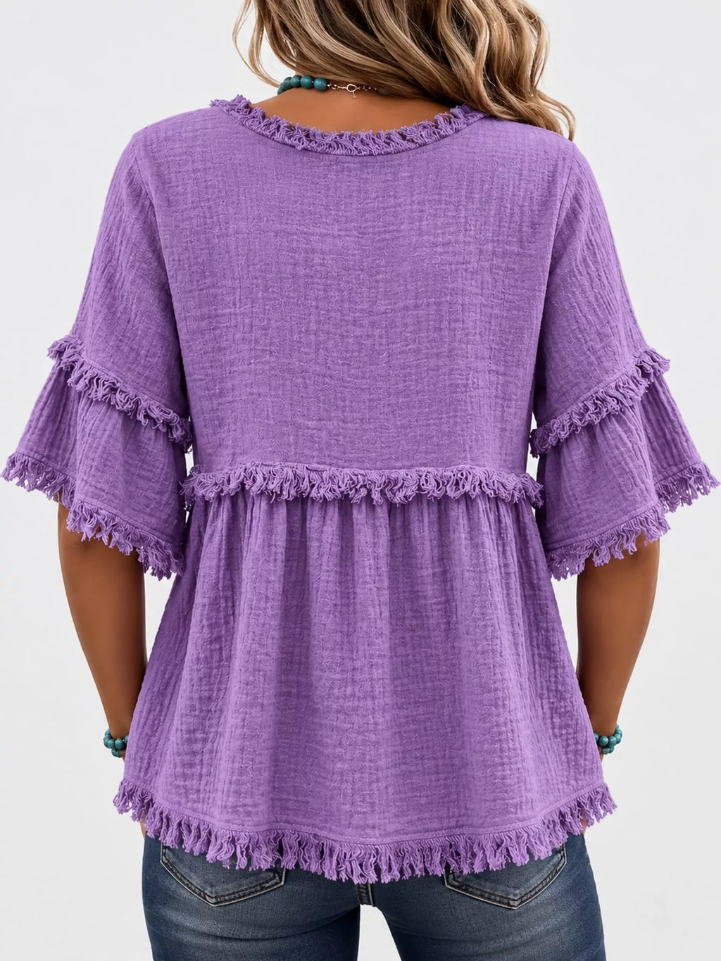 Full Size Frayed Edge Textured Blouse Plus Size