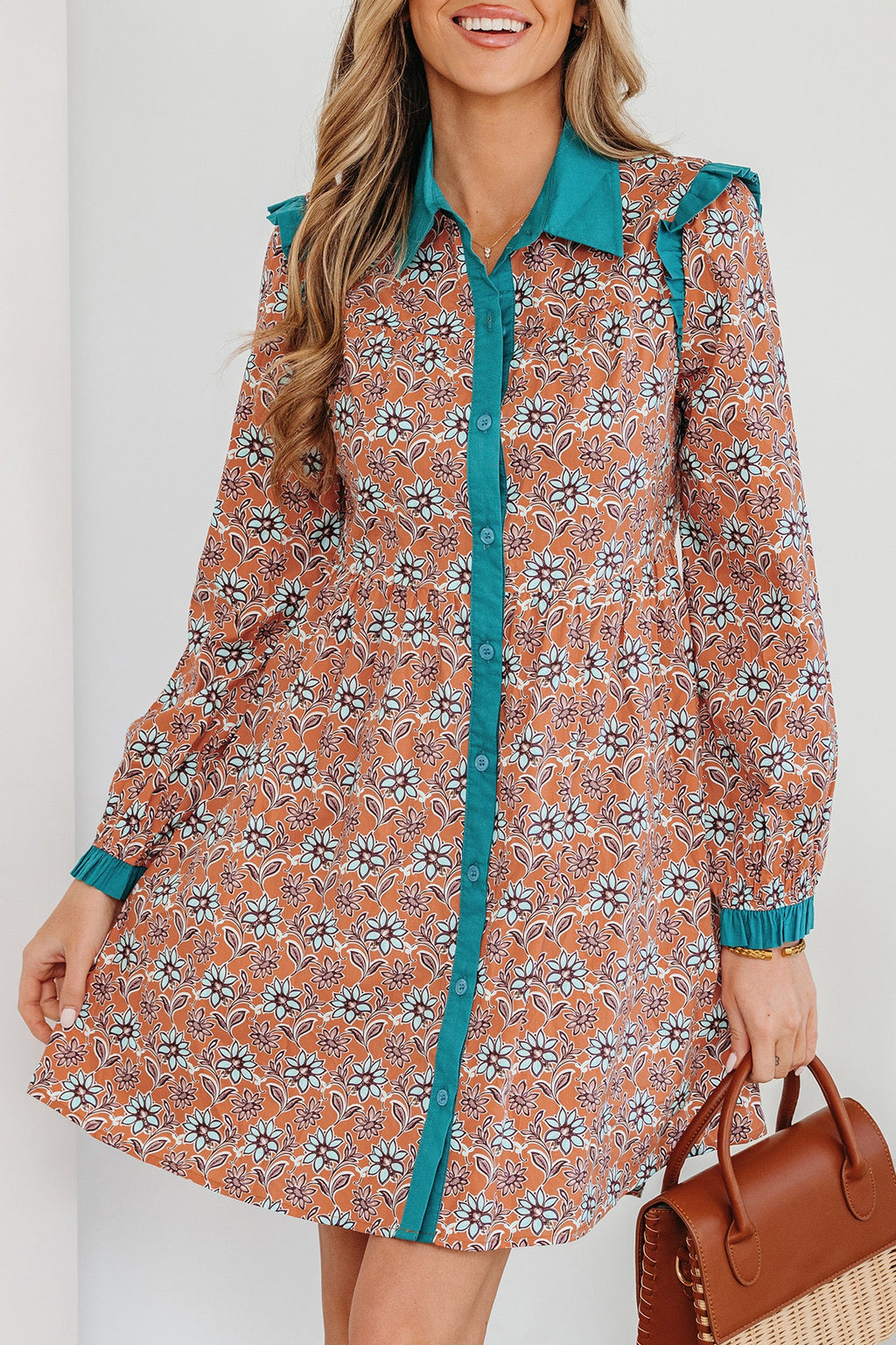 Orange Boho Floral Contrast Collared Shirt Mini Dress
