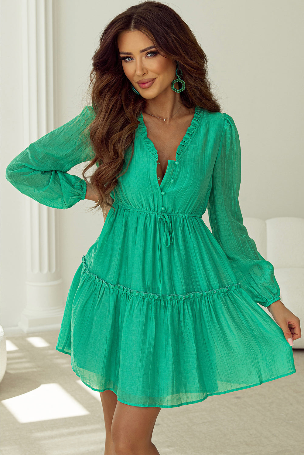 Solid Frilly V-Neck Puff Sleeve Mini Dress