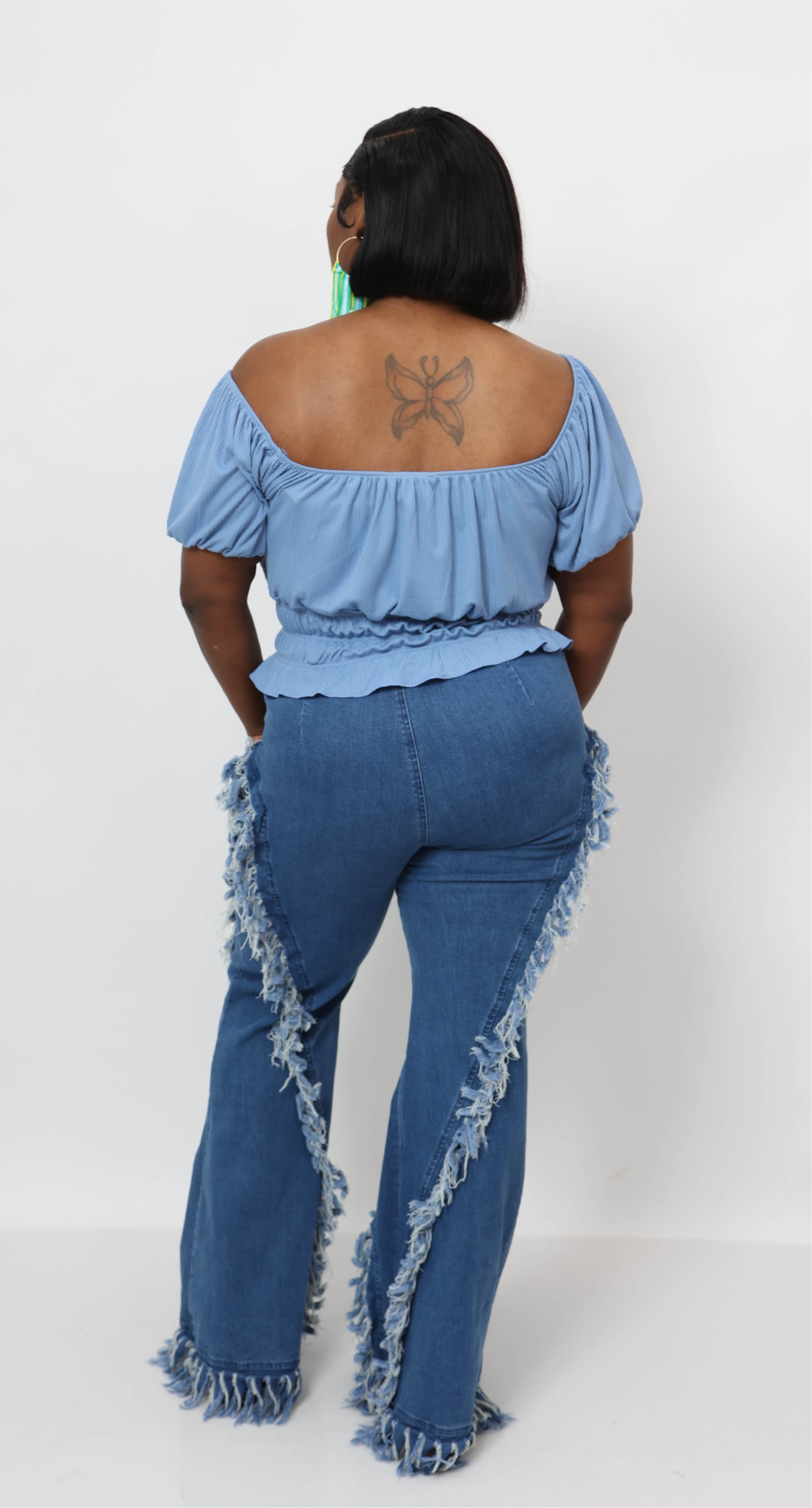 Distressed Fringe Denim Flared Pant