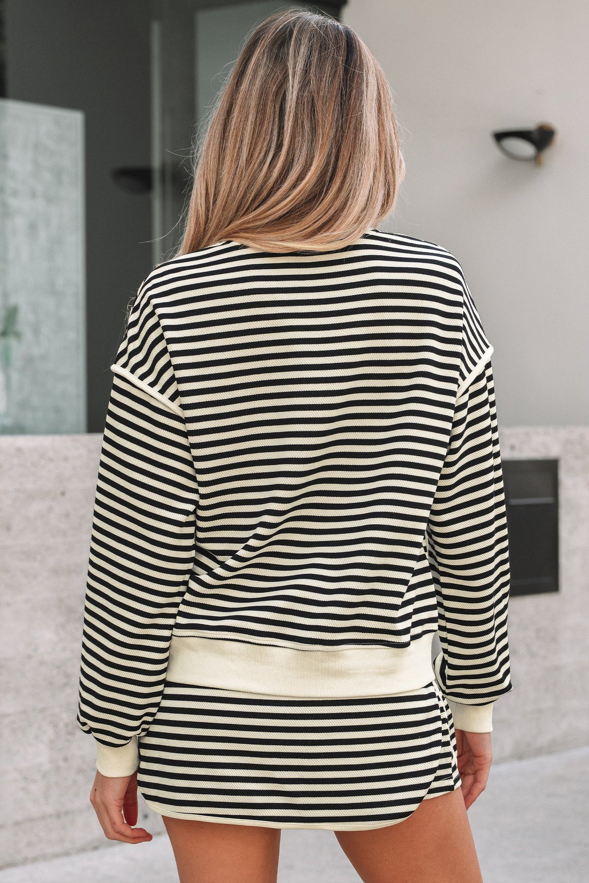 Stripe Textured Pullover Top and Mini Skirt Set
