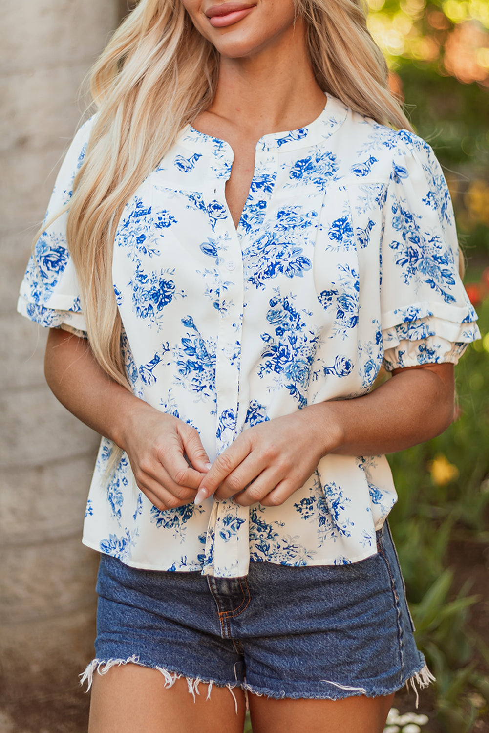 Sky Blue Floral Tiered Puff Short Sleeve Pleated Bust Buttoned Casual Shirt