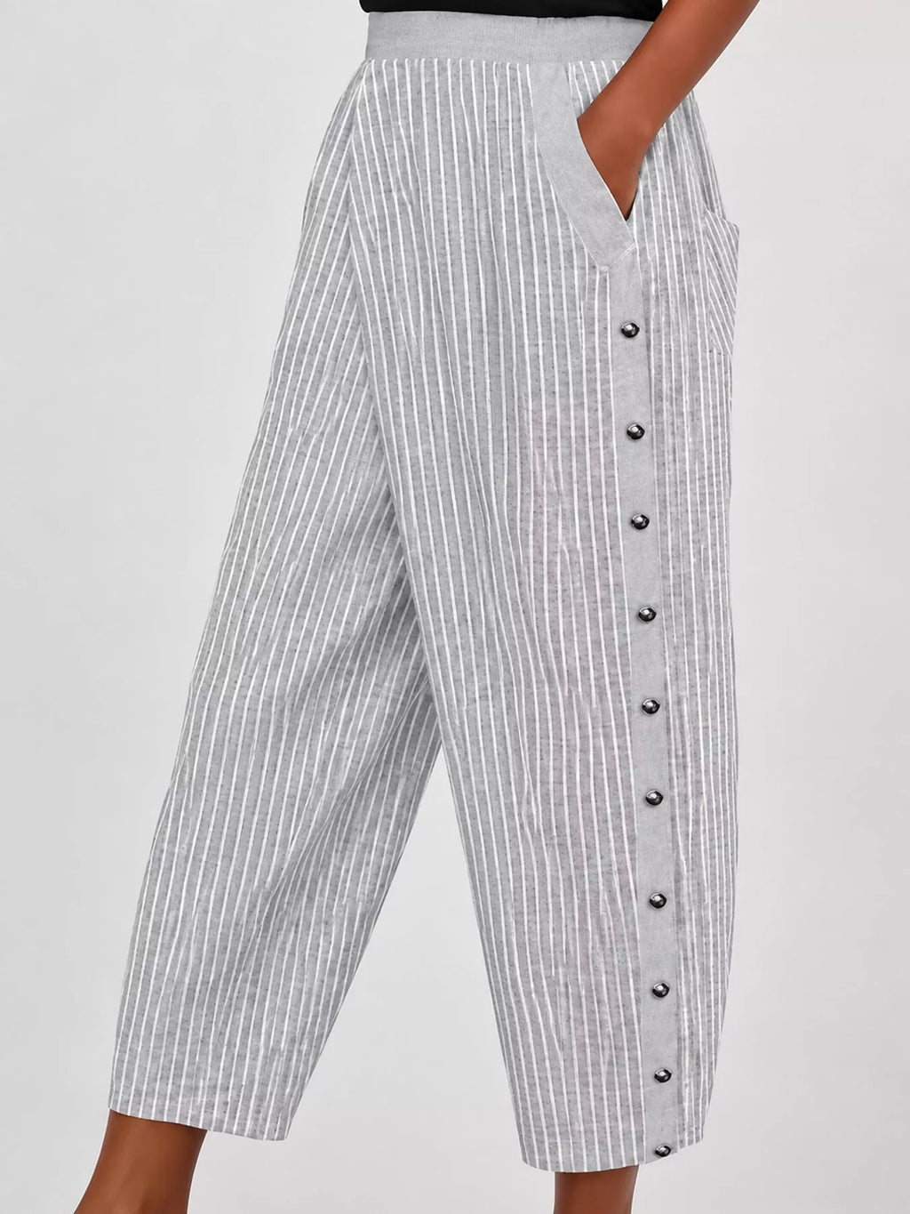 Striped Casual Pants with Side Button Detail