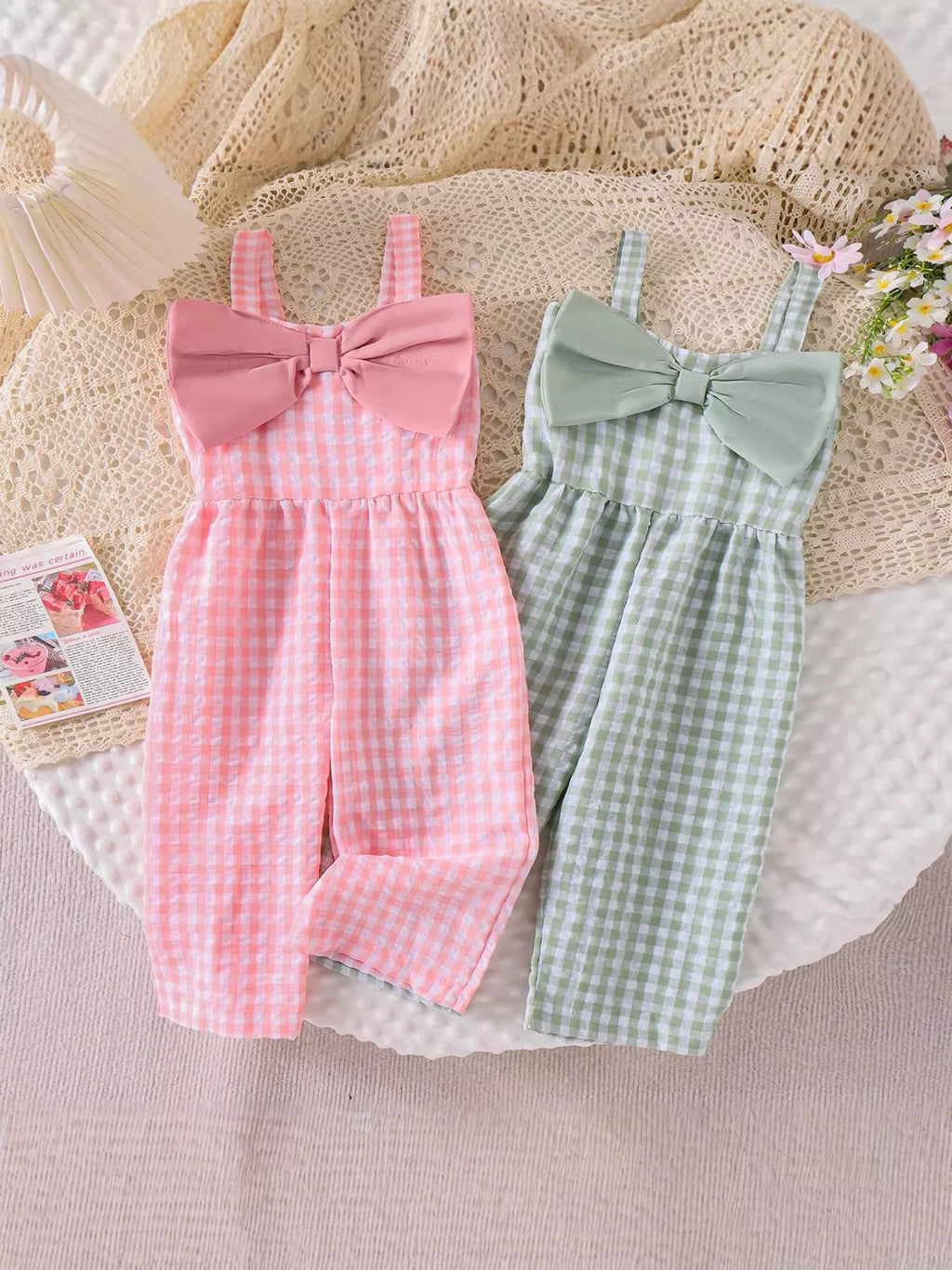 Children's Bow Plaid Wide Strap Jumpsuit